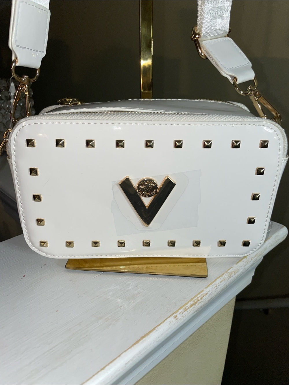 Valentino Orlandi White Studded Crossbody Camera Bag with Gold Hardware
